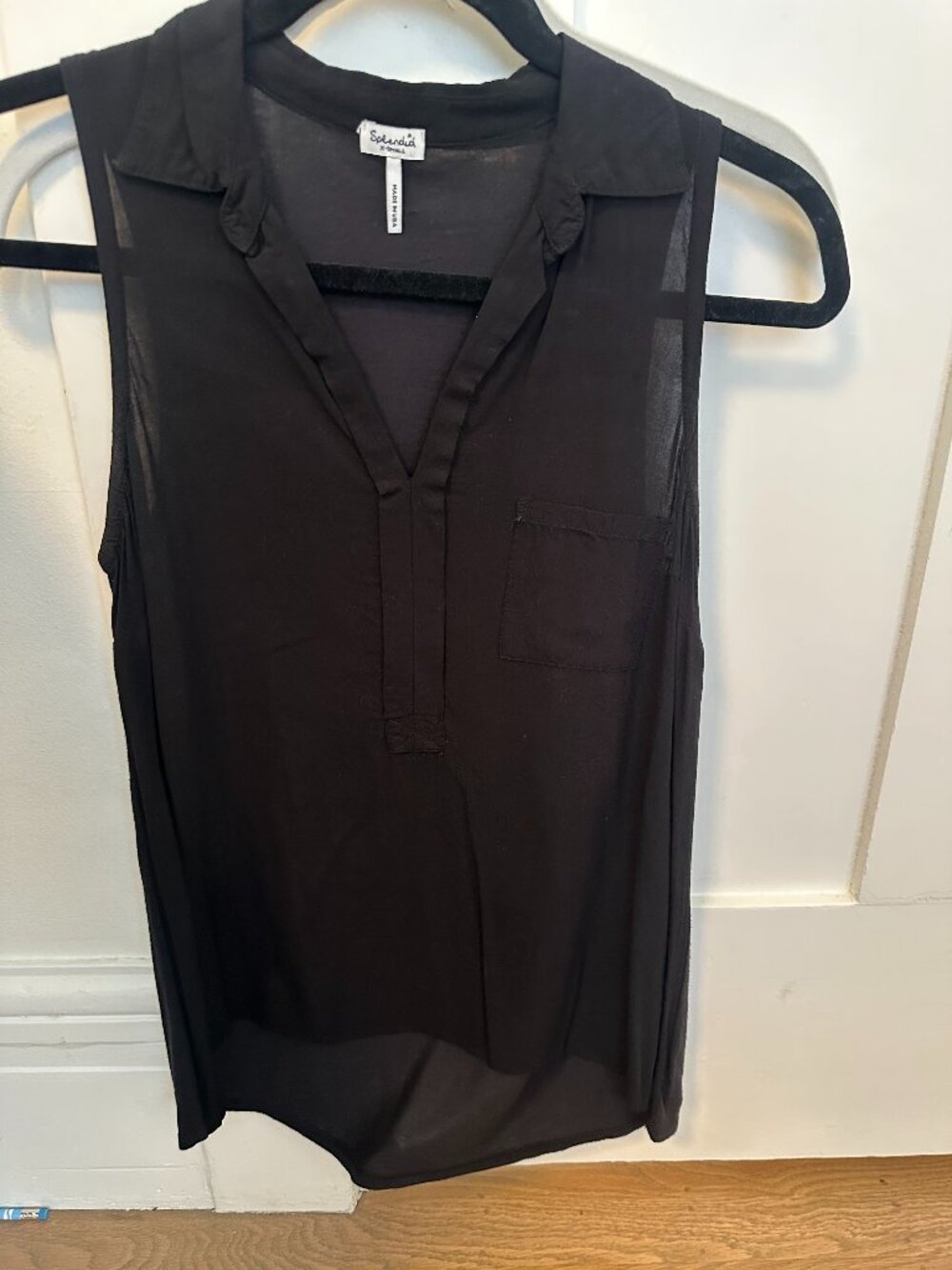 Splendid Black Sheer Sleeveless V-Neck Blouse w/ Collar & Pocket | XS made in US